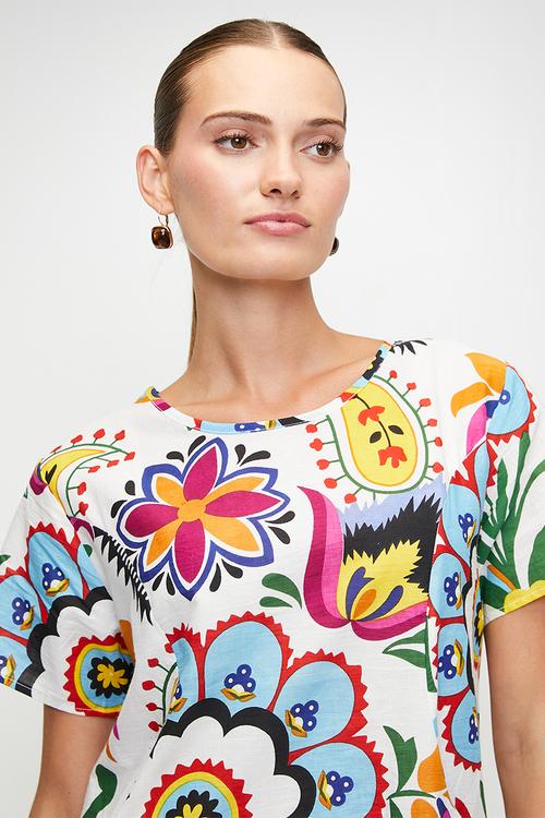 S/s Crew Neck Front Pocket Printed T-Shirt Midi Dress - Multi White