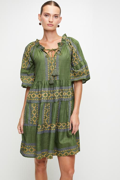 Half Flutter Sleeve  Boatneck Printed Tiered Midi Dress - green