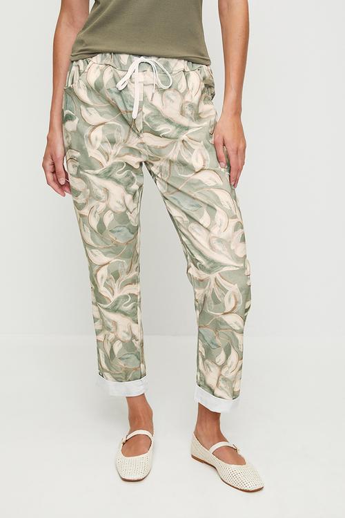 Italian Made Creased Printed Jogger With Drawcord - Green