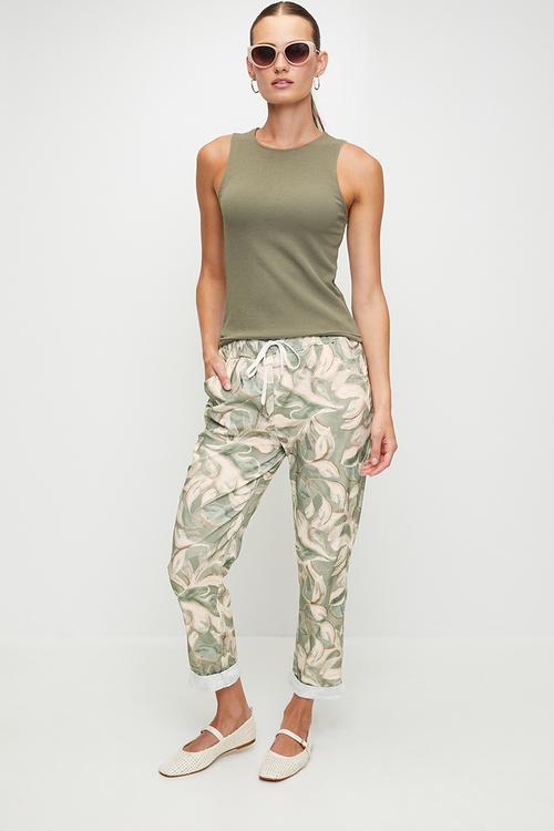 Italian Made Creased Printed Jogger With Drawcord - Green