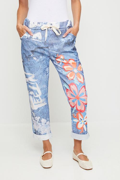 Italian Made Creased Printed Jogger With Drawcord - Blue