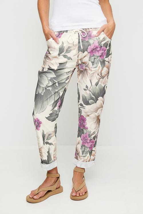 Italian Made Creased Printed Jogger With Drawcord - Cream Floral