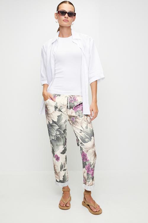 Italian Made Creased Printed Jogger With Drawcord - Cream Floral