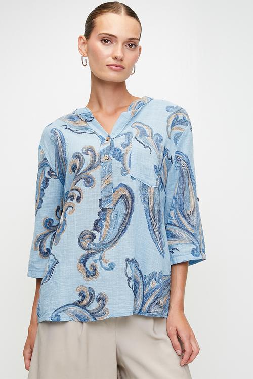Italian Made Half Sleeve With Turn Back Half Placket Collared Blouse Printed - Blue