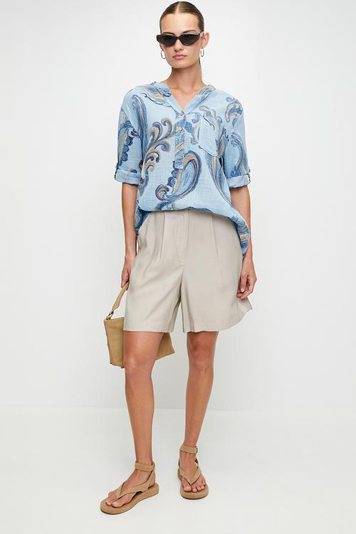 Italian Made Half Sleeve With Turn Back Half Placket Collared Blouse Printed - Blue