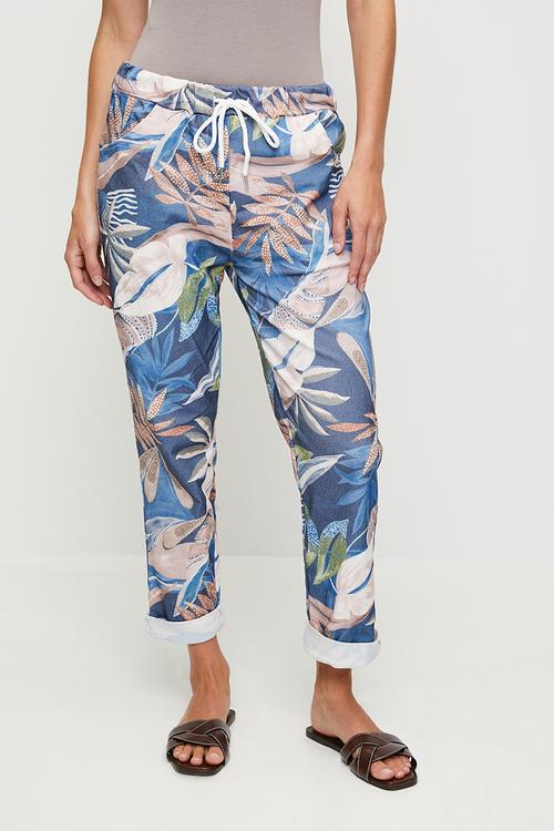 Italian Made Creased Printed Jogger With Drawcord - Navy
