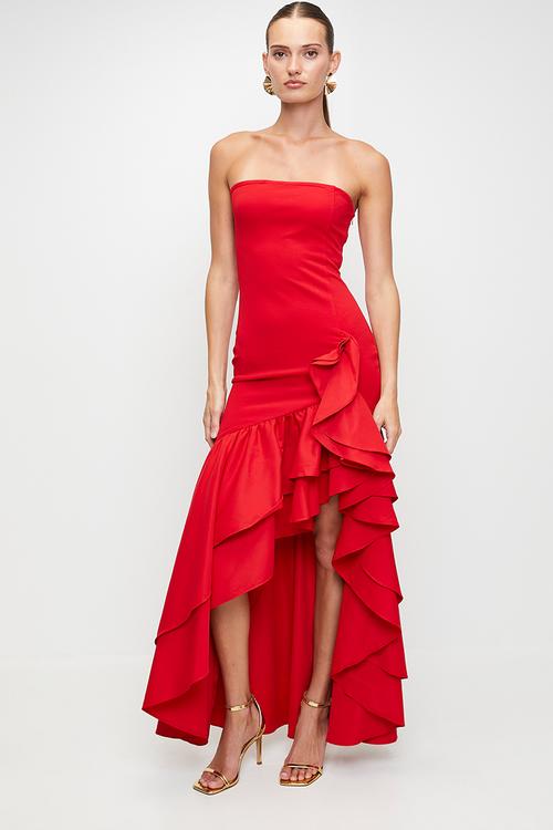 Red ruffle statement maxi dress - red