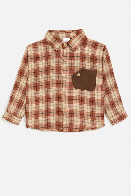 Plaid flannel shirt with stylised pocket - brown ochre/beige