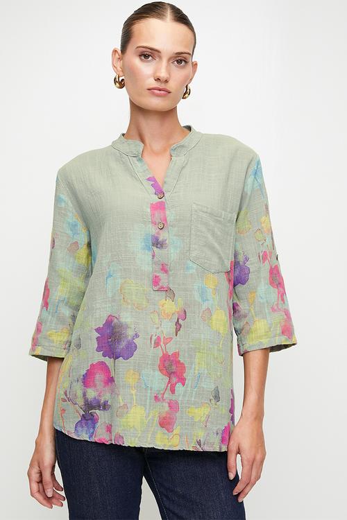 Italian Made Half Sleeve Half Placket Scoop Hem Blouse - Sage