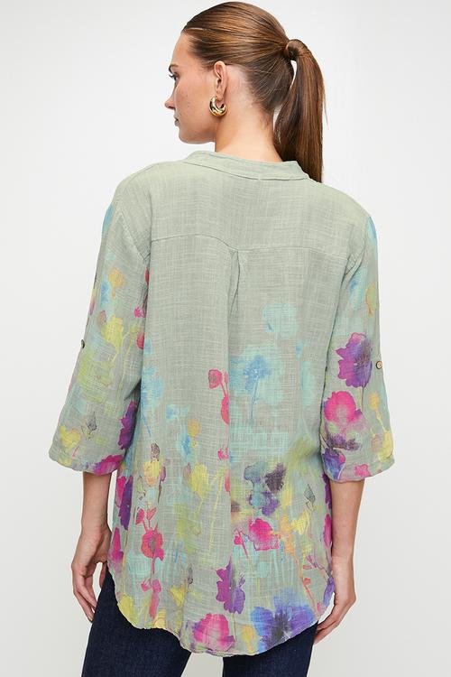 Italian Made Half Sleeve Half Placket Scoop Hem Blouse - Sage