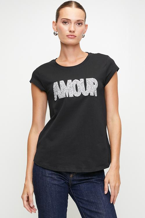 Cap Sleeve Amour Embellished Logo Tee - Black