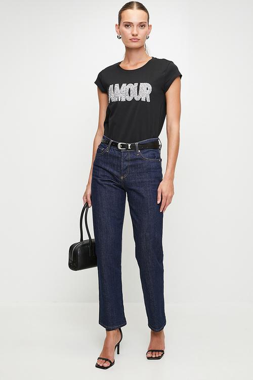 Cap Sleeve Amour Embellished Logo Tee - Black