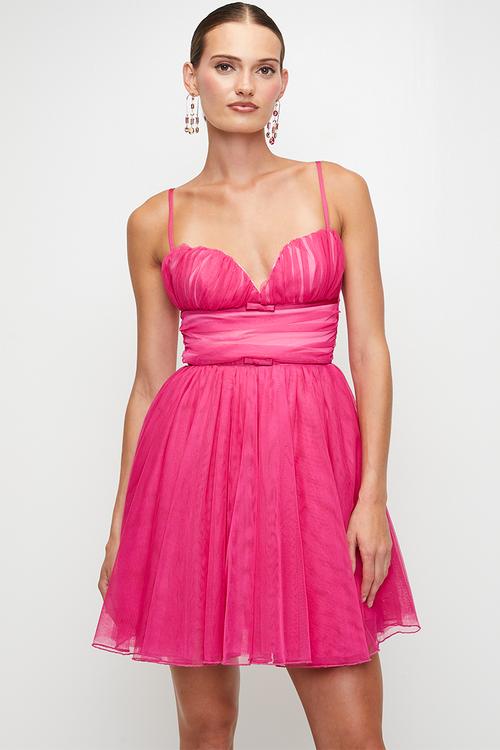 Full Of Love Tulle Mini Dress With Cups, Gauging And Small Bows - Cerise