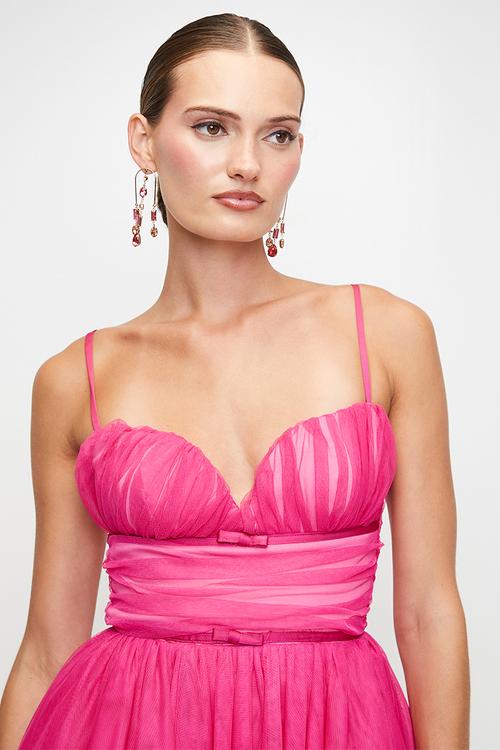 Full Of Love Tulle Mini Dress With Cups, Gauging And Small Bows - Cerise