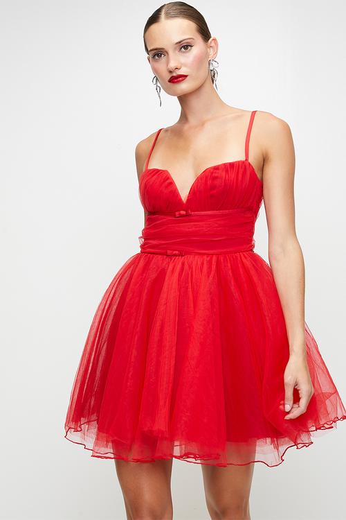 Tulle Mini Dress With Cups, Gauging And Small Bows - Red