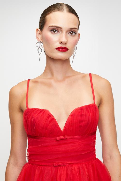 Tulle Mini Dress With Cups, Gauging And Small Bows - Red