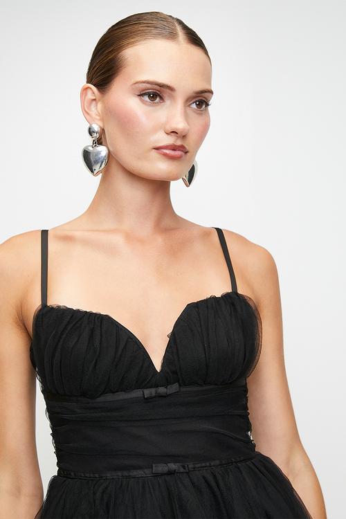 Tulle Mini Dress With Cups, Gauging And Small Bows - Black