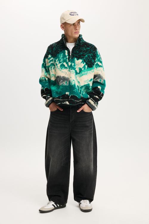 Quarter Zip Teddy Fleece - Green Multi Mountains