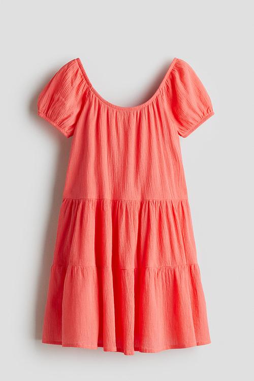 Crinkled cotton dress - coral red 