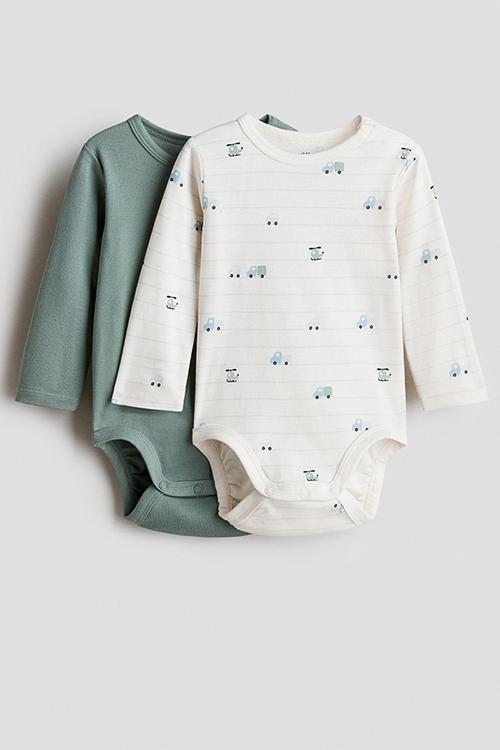 2 pack long-sleeved bodysuits - dark green vehicles