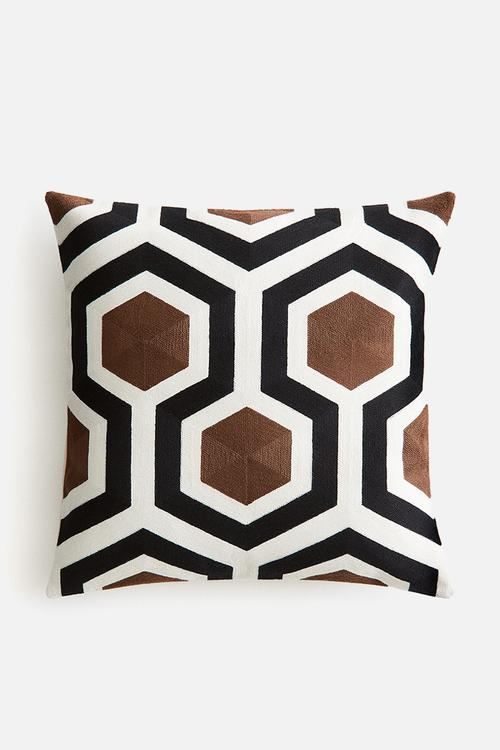 Embroidered cotton-blend cushion cover - brown/patterned