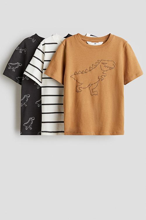 3 pack cotton t-shirts - light brown dinosaur