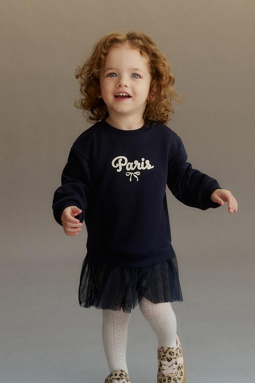 Tulle-skirt sweatshirt dress - navy blue paris