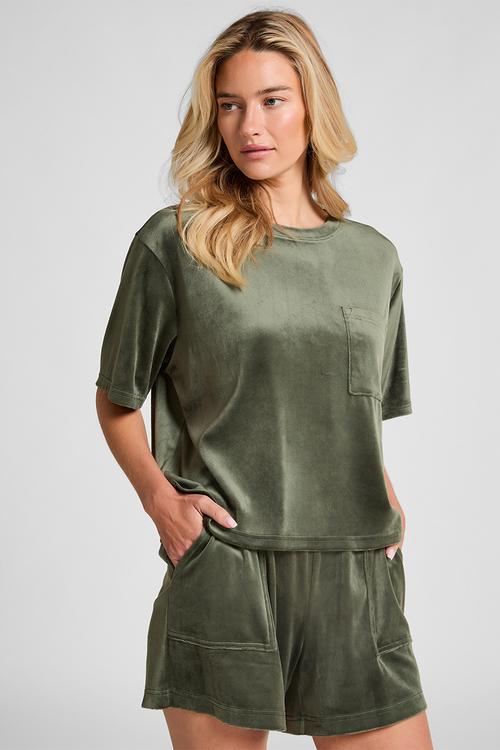 Top ss velours pocket - green