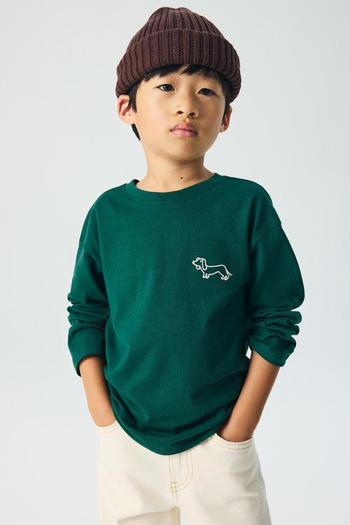 Motif-detail cotton T-shirt - dark green/dog