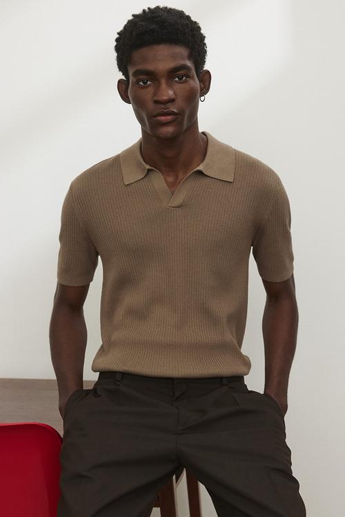 Regular fit knitted polo shirt- dark brown - 1306856003