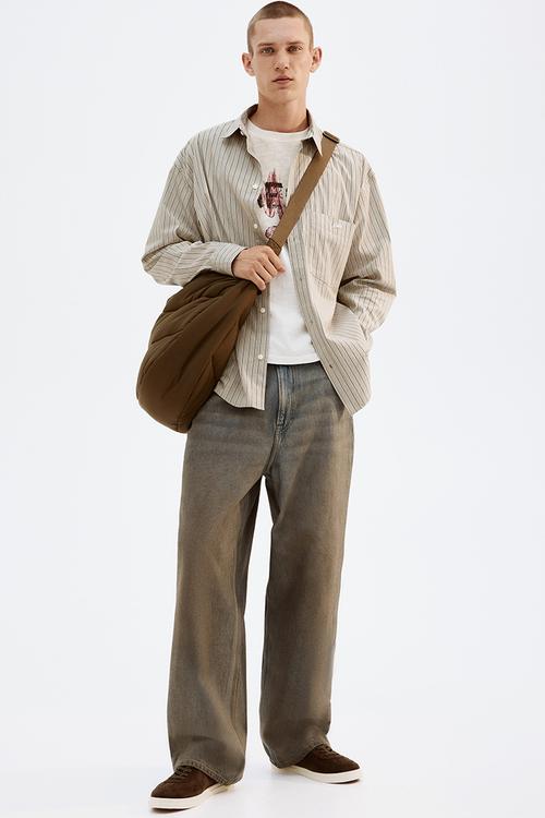 Loose fit poplin shirt - beige pinstriped