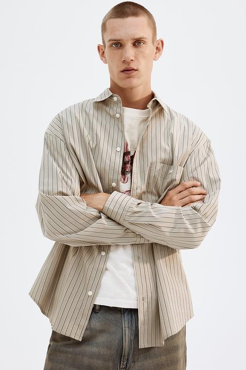 Loose fit poplin shirt - beige pinstriped