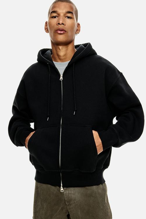 Oversized fit zip-through hoodie - black