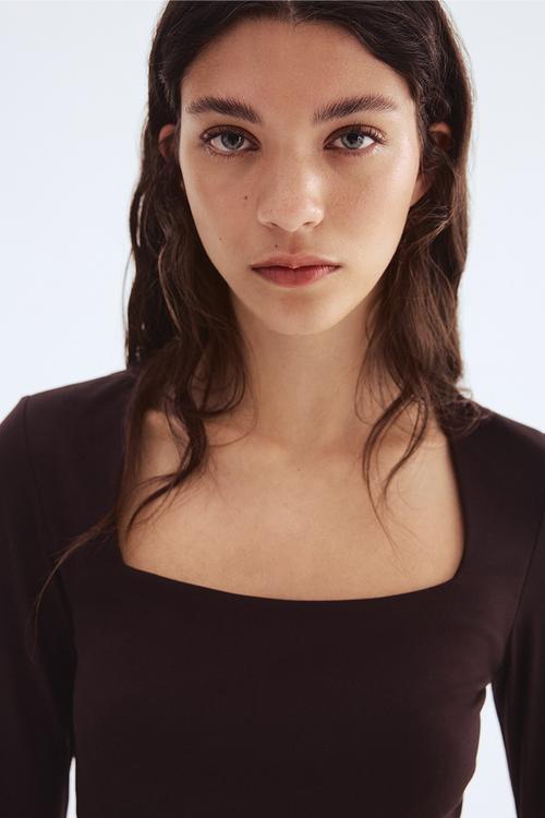 Long-sleeved jersey top - dark brown