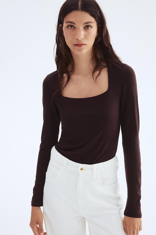 Long-sleeved jersey top - dark brown