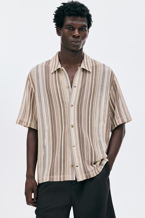 Regular fit crochet-look shirt - beige striped