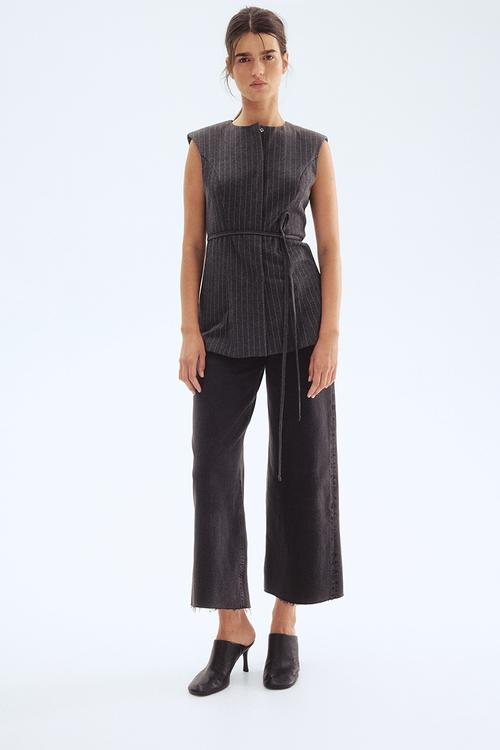 Tie-belt waistcoat - dark grey marl/pinstriped