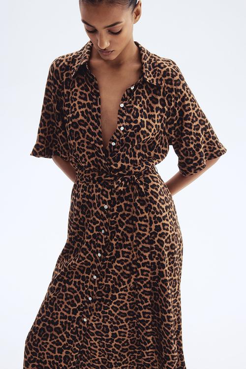 Tie-belt shirt dress - dark beige/leopard print