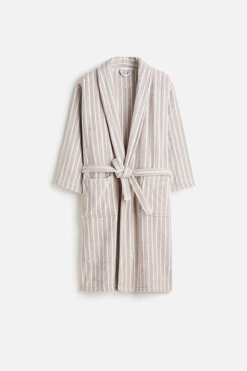Cotton terry dressing gown - light beige striped