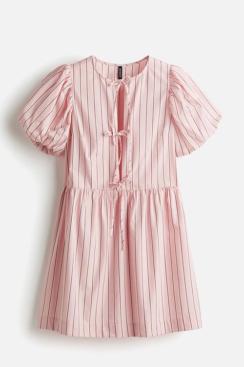 Tie-front poplin dress - light pink striped