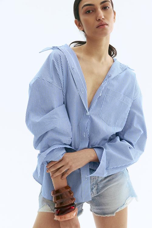 Oversized cotton poplin shirt - light blue & white striped