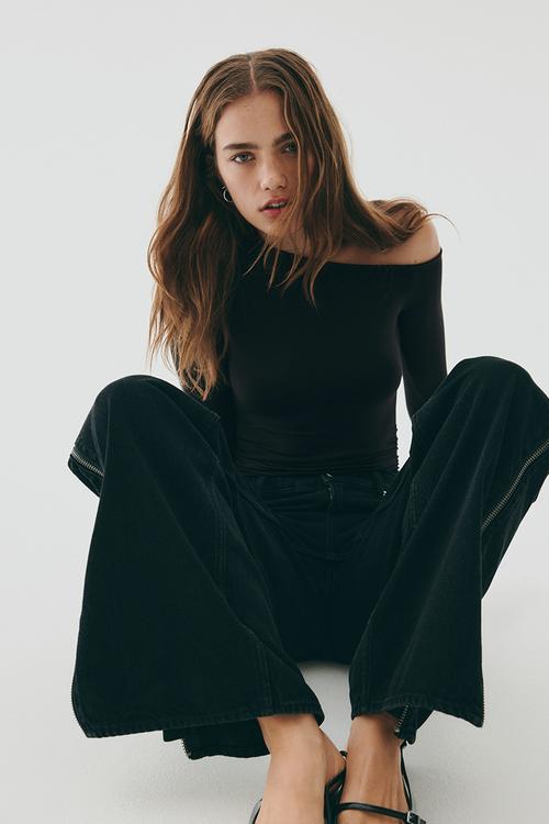 Draped one-shoulder top - black