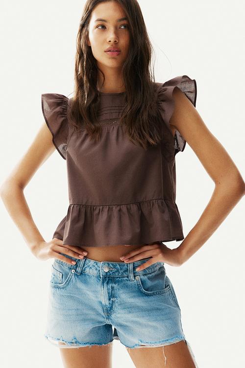 Lace-inset peplum blouse - brown