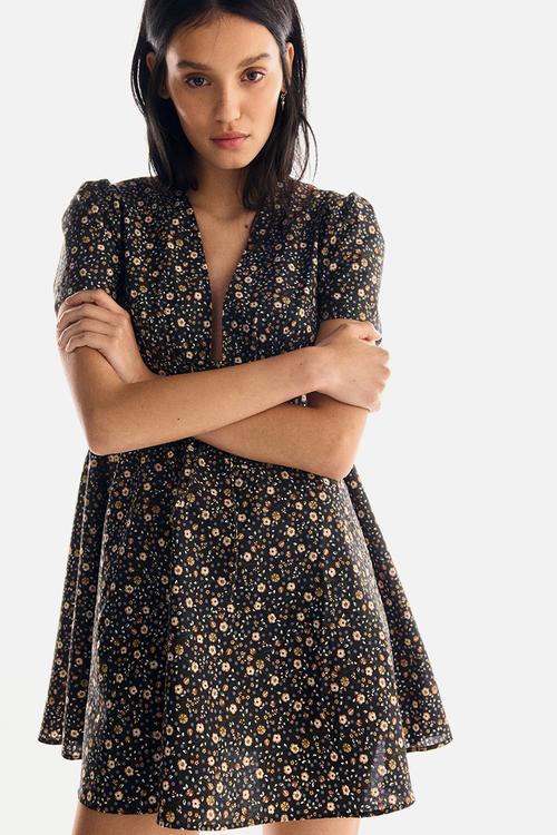 V-neck cotton poplin dress - black/floral 