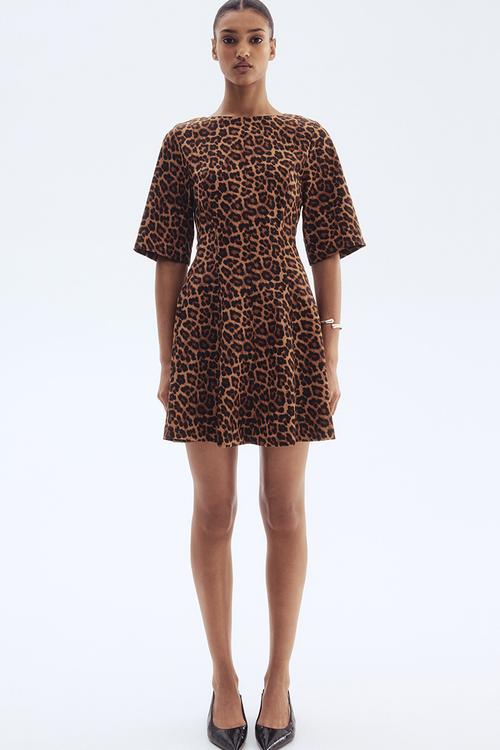 Waisted twill dress - dark beige & leopard print