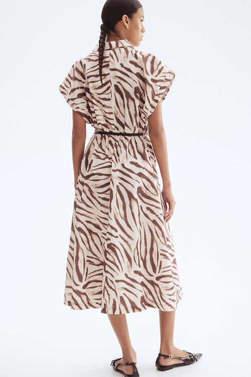 Belted poplin dress - light beige zebra print