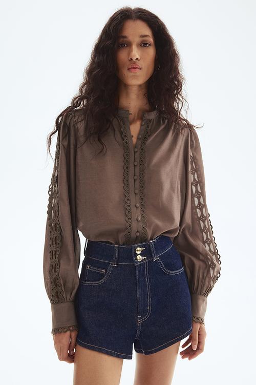 Lace-trimmed blouse - dark mole