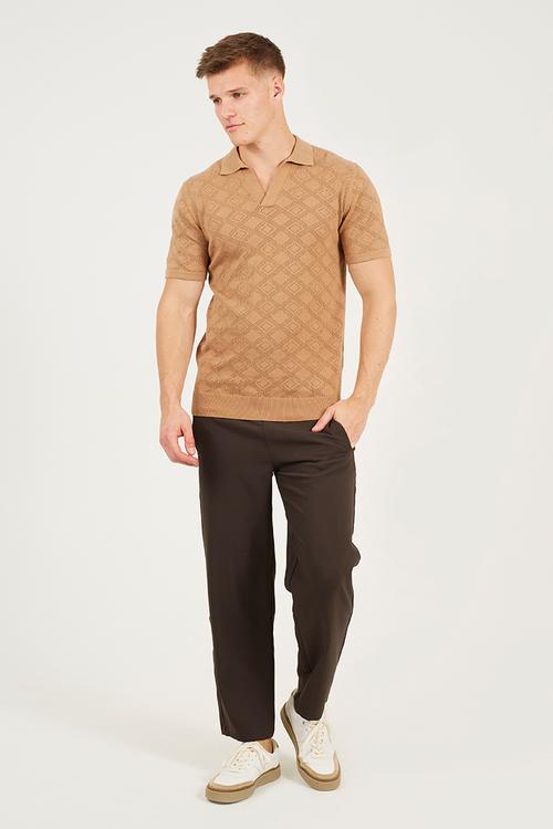 Short Sleeved Open Collar Knitted Polo - Light Tan