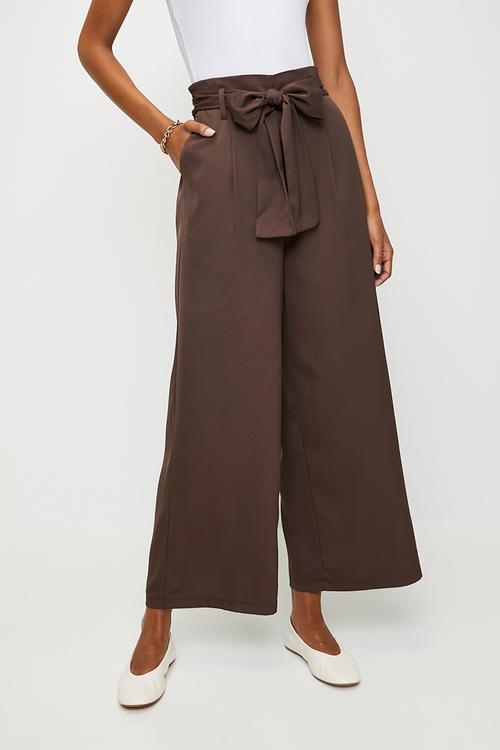 High Wasted Paperbag Trouser with Tie Belt - Chocolate