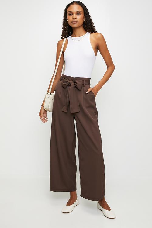 High Wasted Paperbag Trouser with Tie Belt - Chocolate